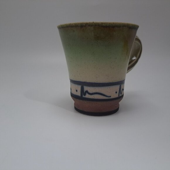 Studio Artisan Pottery Mug Green Brown Glaze Line Accent Coffee Cup Rustic - Picture 5 of 14